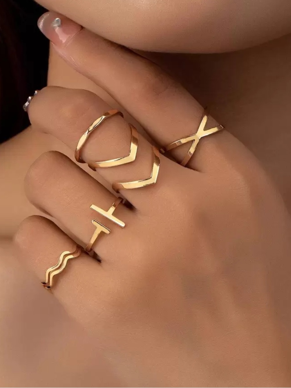 Gold-Tone Minimalist Stackable Ring Set 5 Pieces layer gold tone lot bundle - Picture 2 of 4